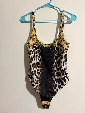 Versace Leopard Print One-Piece Swimsuit in Brown and Black